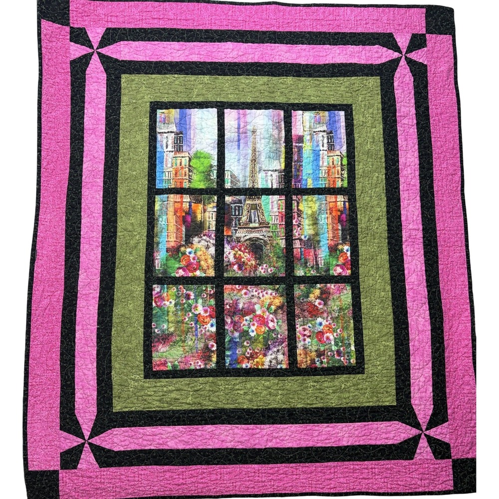Handmade Attic Window Quilt Paris Eiffel Tower Floral Wall Hanging 53x44